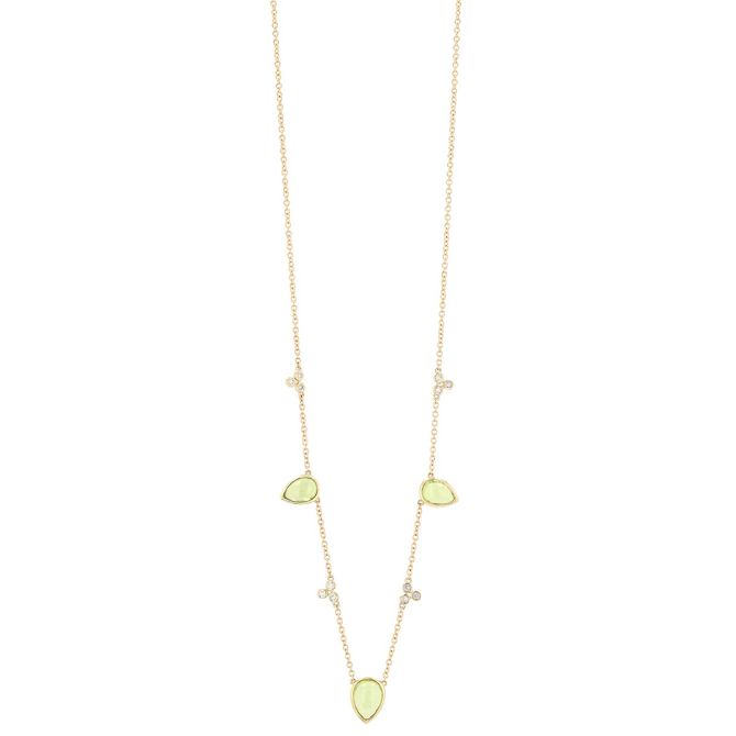 Pear Shape Peridot & Diamond Cluster Station Necklace in Yellow Gold, 18"