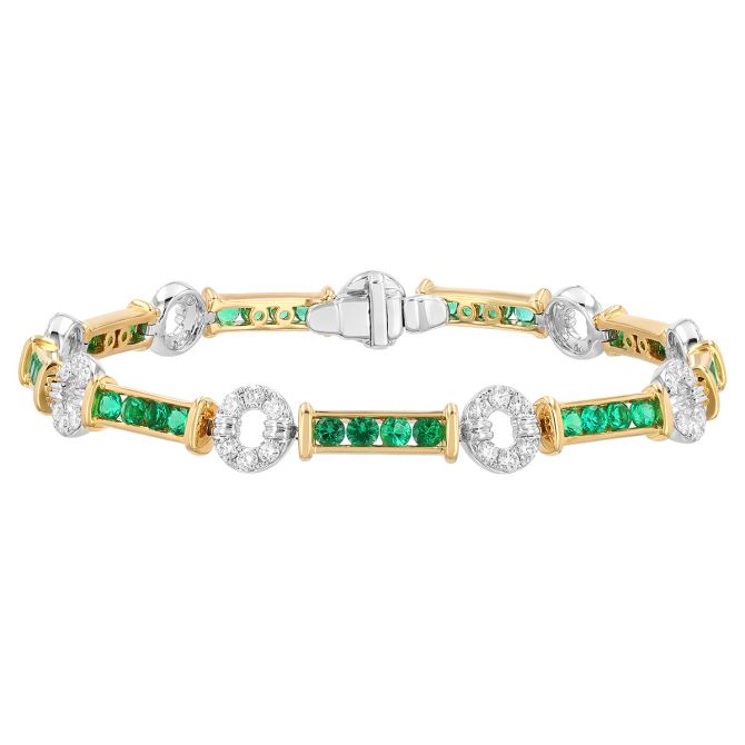 Emerald Yellow Gold Bar & Diamond White Gold Circle Station Bracelet