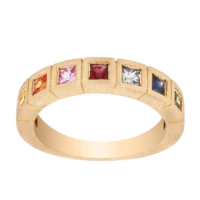 Rainbow Sapphire Princess Cut Bezel Ring in Matte Yellow Gold