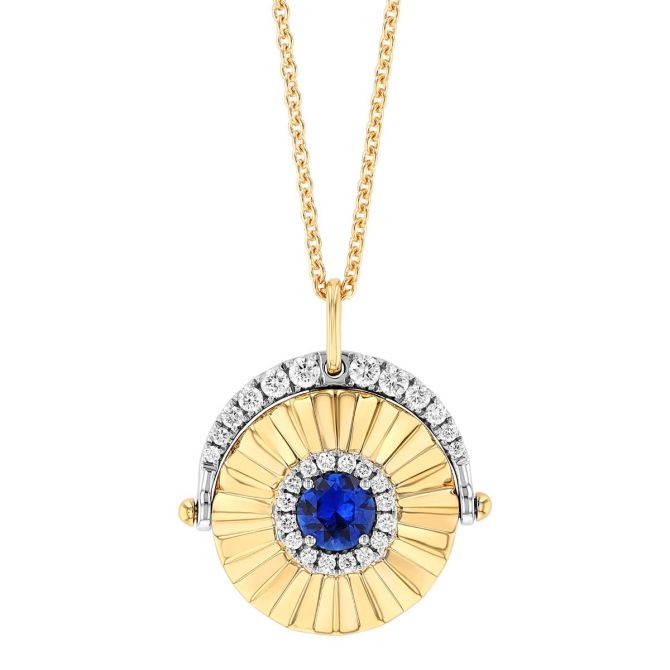 Sapphire & Diamond Spinning Disc Pendant in Two Tone