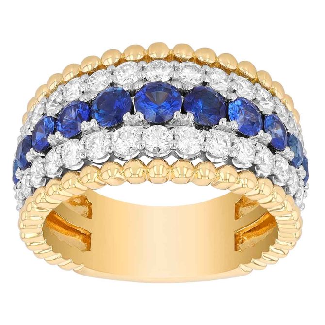 Sapphire & Diamond 3 Row Beaded Ring in Two Tone