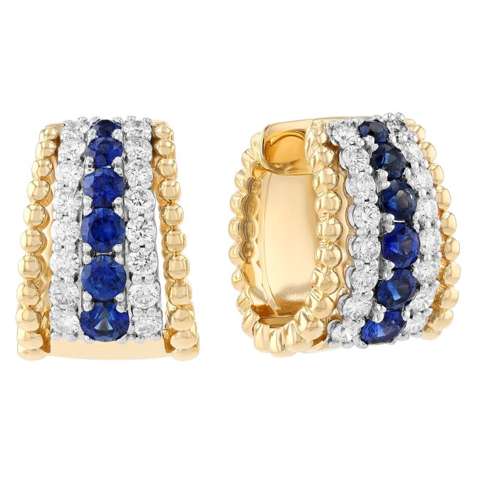 Sapphire & Diamond Beaded Huggie Hoop Earrings in Two Tone