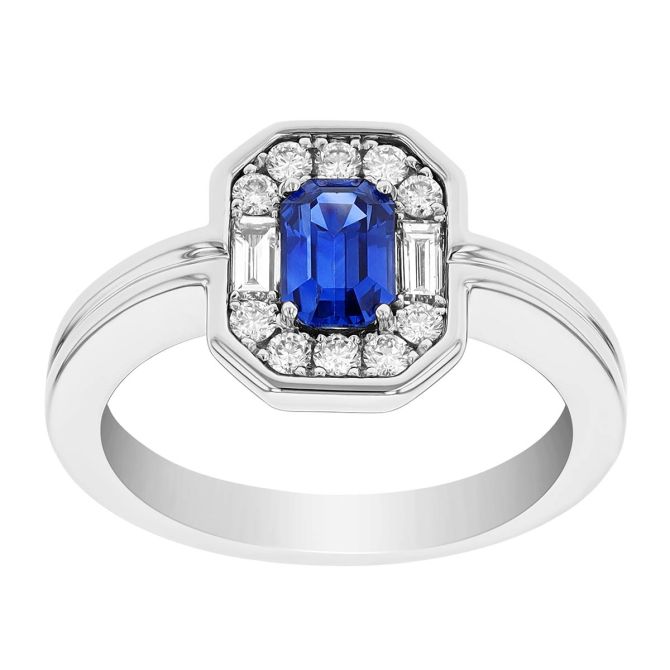 Emerald Cut Sapphire & Multi Shape Diamond Halo Ring in White Gold