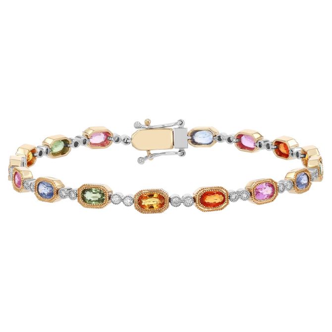 Multicolored Oval Sapphire & Diamond Bracelet in Two Tone