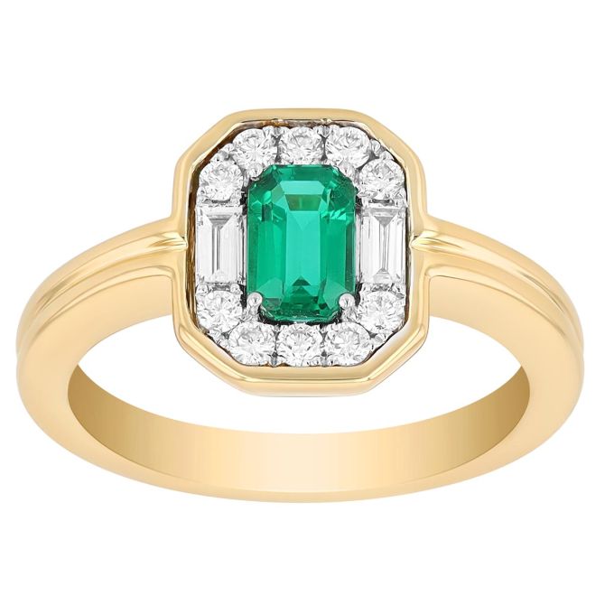 Emerald Cut Emerald & Multi-Shape Diamond Halo Ring in Two Tone