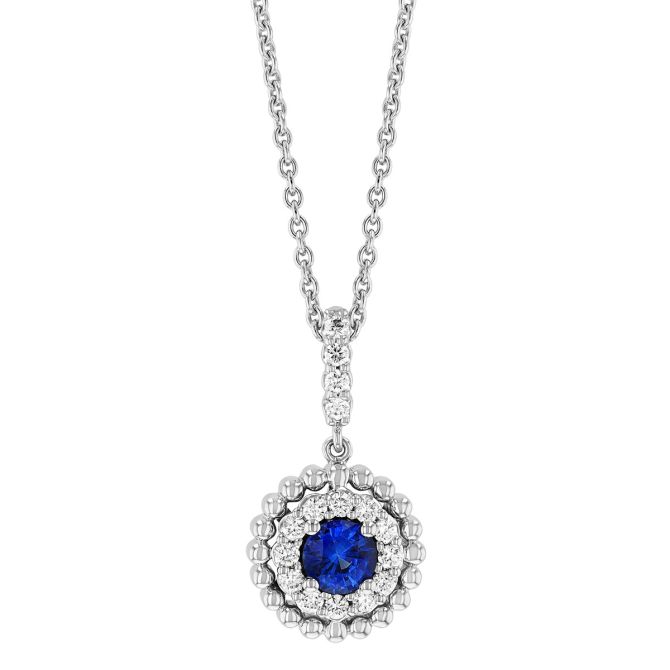 Round Sapphire with Diamond & Beaded Halo Pendant in White Gold