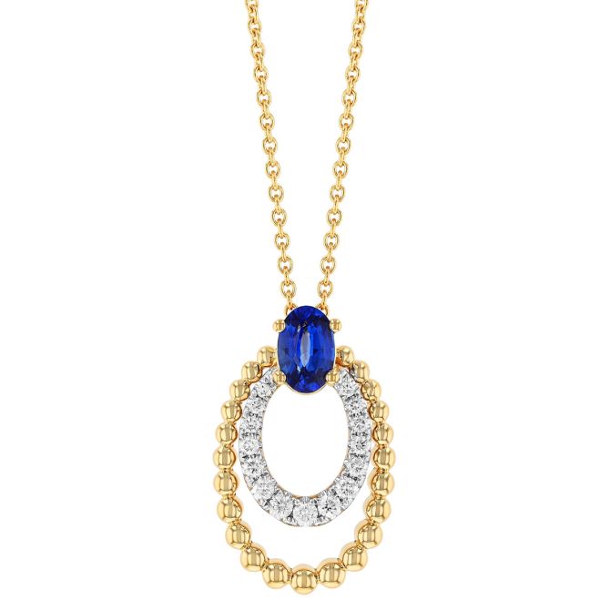 Oval Sapphire with Diamond & Beaded Layered Oval Drop Pendant in Two Tone