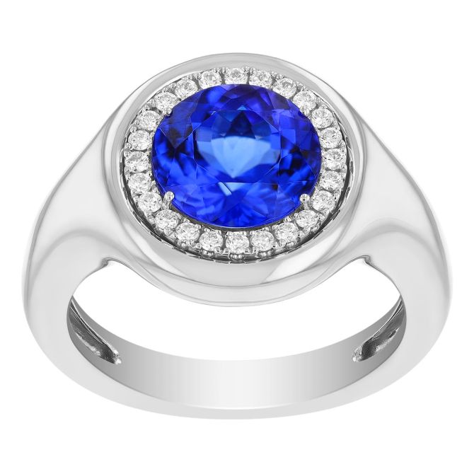 Round Tanzanite & Diamond Halo Signet Ring in White Gold