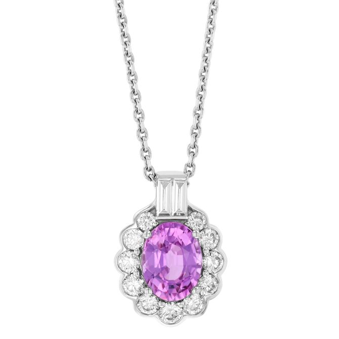 Oval Pink Sapphire & Diamond Halo Pendant in White Gold