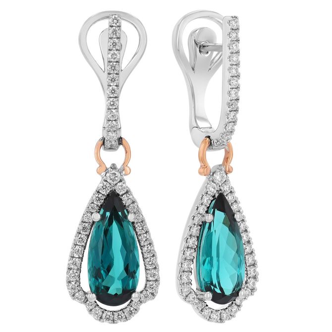 Pear Shape Blue Tourmaline & Diamond Dangle Earrings in Two Tone