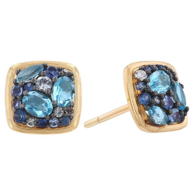 Multi Shape Sapphire & Topaz Pavé Cluster Square Stud Earrings in Yellow Gold