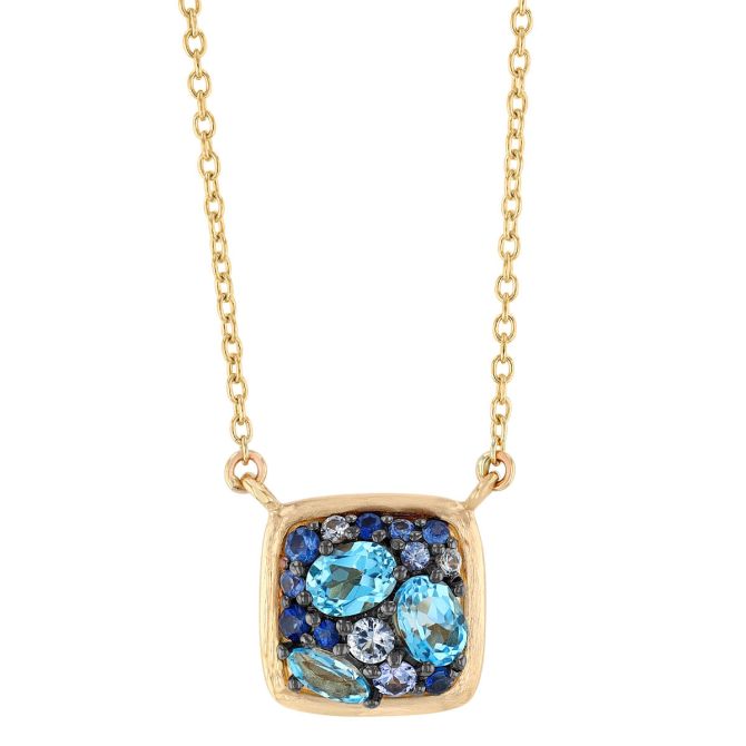 Sapphire & Topaz Blue  Cluster  Cushion Necklace in Yellow Gold