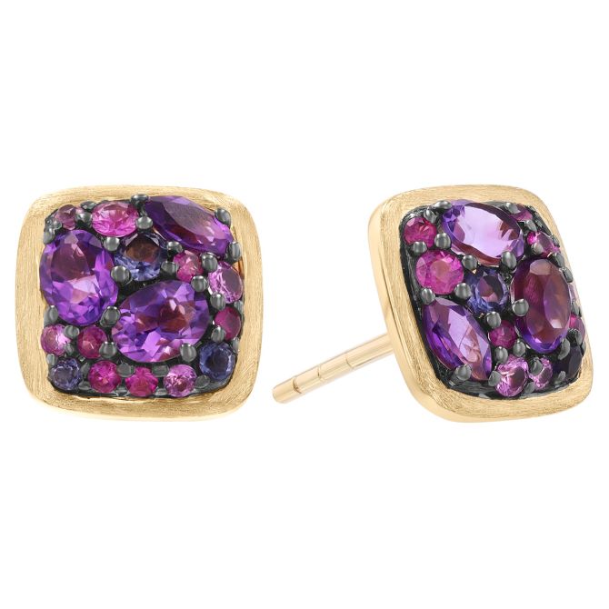 Mixed Gemstone Pavé Cluster Square Stud Earrings in Yellow Gold