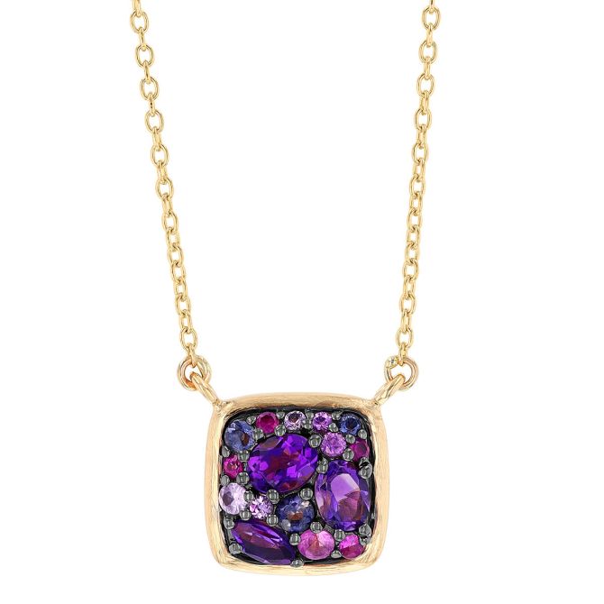 Amethyst, Iolite & Sapphire Purple Cluster  Cushion Necklace in Yellow Gold