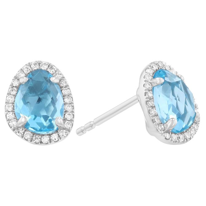 Freeform Topaz & Diamond Halo Stud Earrings in White Gold