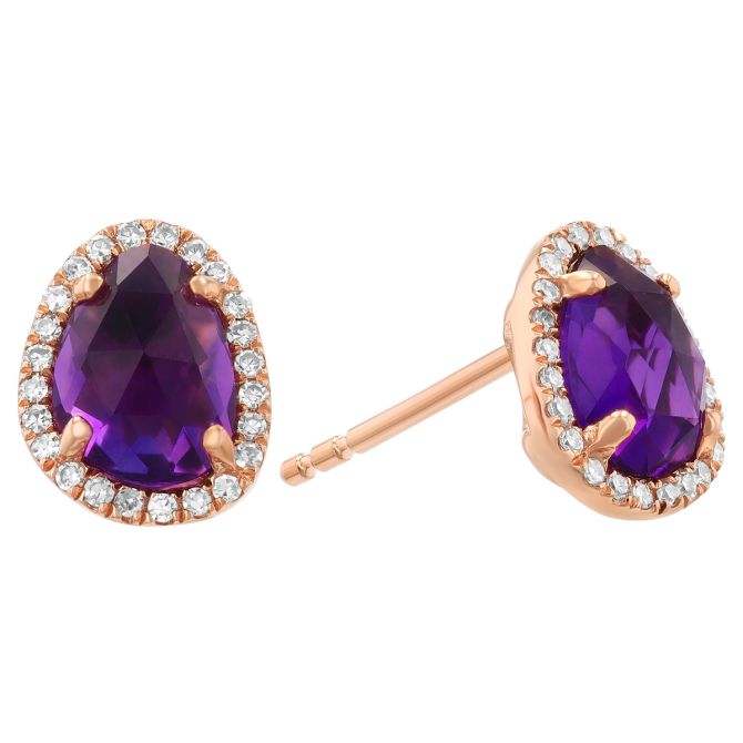 Freeform Amethyst & Diamond Halo Stud Earrings in Rose Gold