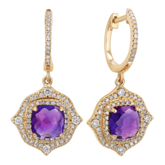 Cushion Amethyst & Diamond Arabesque Halo Dangle Earrings in Yellow Gold