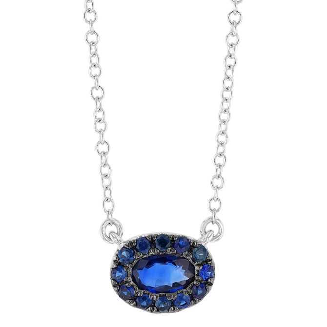 Oval Sapphire Halo Necklace in White Gold with Black Rhodium, 18"