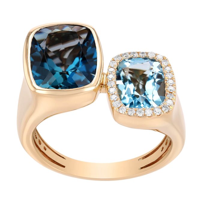 Cushion London & Sky Blue Topaz & Diamond Halo Hug Ring in Yellow Gold