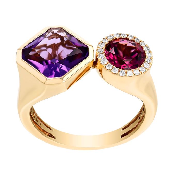 Amethyst, Rhodolite Garnet & Diamond Ring in Yellow Gold