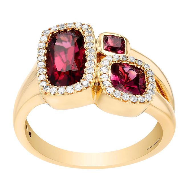 Cushion Cut Rhodolite Garnet & Diamond Cluster Ring in Yellow Gold