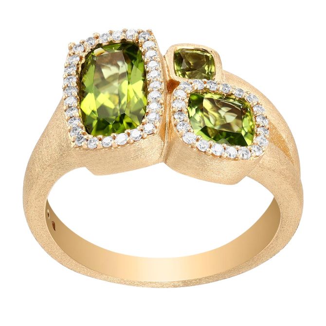 Cushion Cut Peridot & Diamond Cluster Ring in Yellow Gold