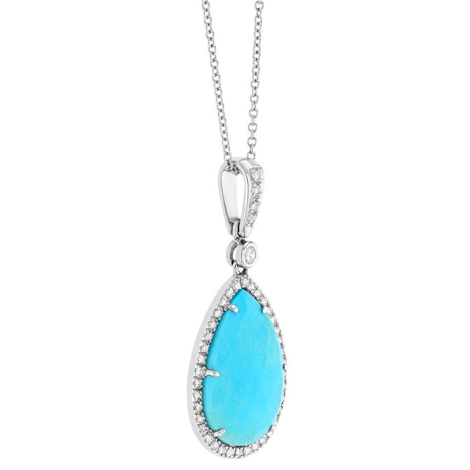 Pear Rose Cut Turquoise & Diamond Halo Pendant in White Gold