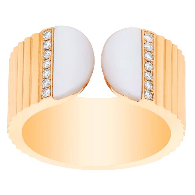 Doves Half Moon Mother of Pearl & Diamond Wide Band Ribbed Ring in Yellow Gold