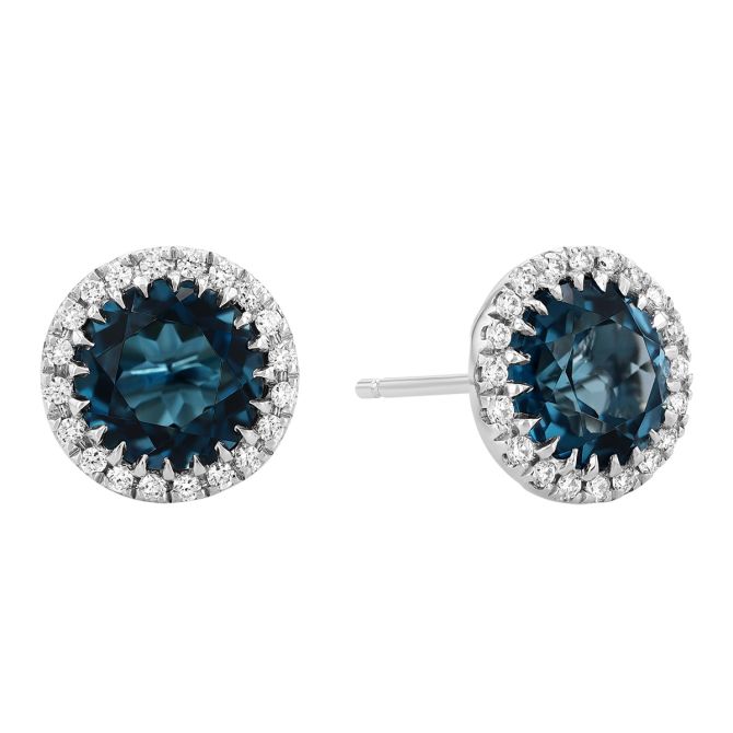 Doves Round Topaz & Diamond Halo Stud Earrings in White Gold