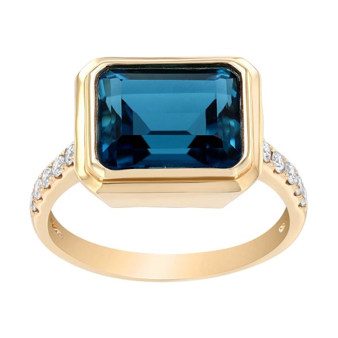 Doves Bezel Set Emerald Cut Topaz & Diamond Ring in Yellow Gold