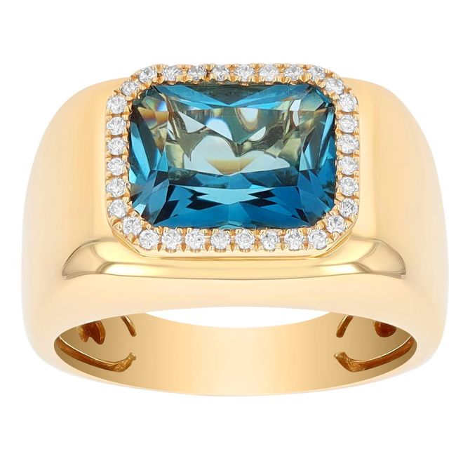 Doves Emerald Cut Topaz & Diamond Halo Wide Band Ring in Yellow Gold