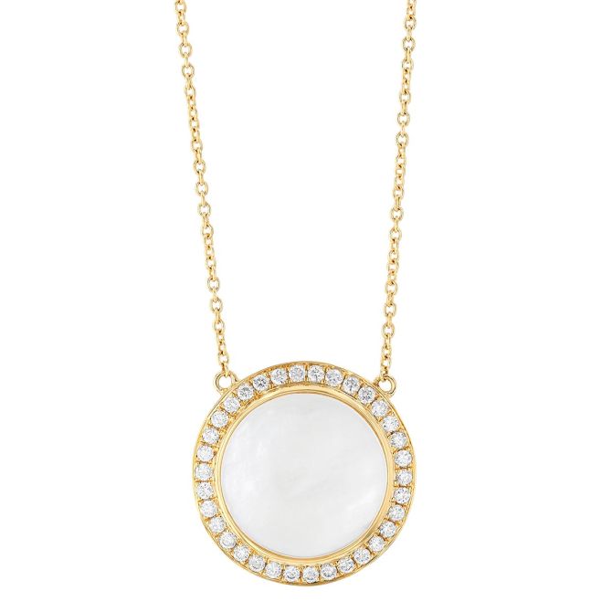 Doves Mother of Pearl & Diamond Halo Round Pendant in Yellow Gold, 18"