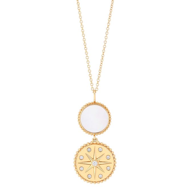 Doves Mother of Pearl & Diamond Starburst Double Round Pendant in Yellow Gold, 18"