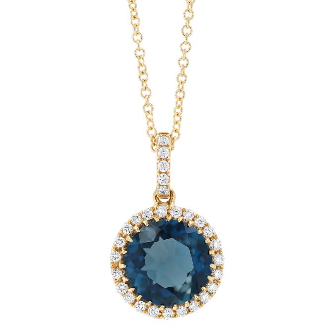 Doves Round Topaz & Diamond Halo Pendant in Yellow Gold, 18"