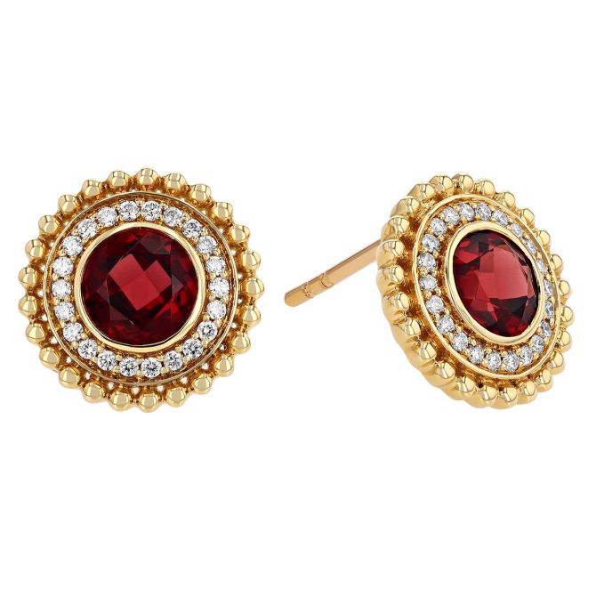 Doves Round Garnet & Diamond Halo Beaded Edge Stud Earrings in Yellow Gold