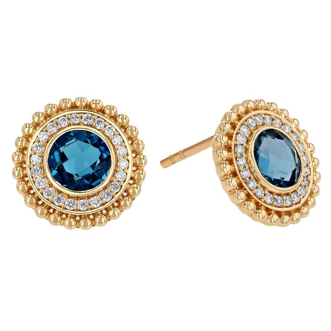 Doves Round Topaz & Diamond Halo Beaded Edge Stud Earrings in Yellow Gold