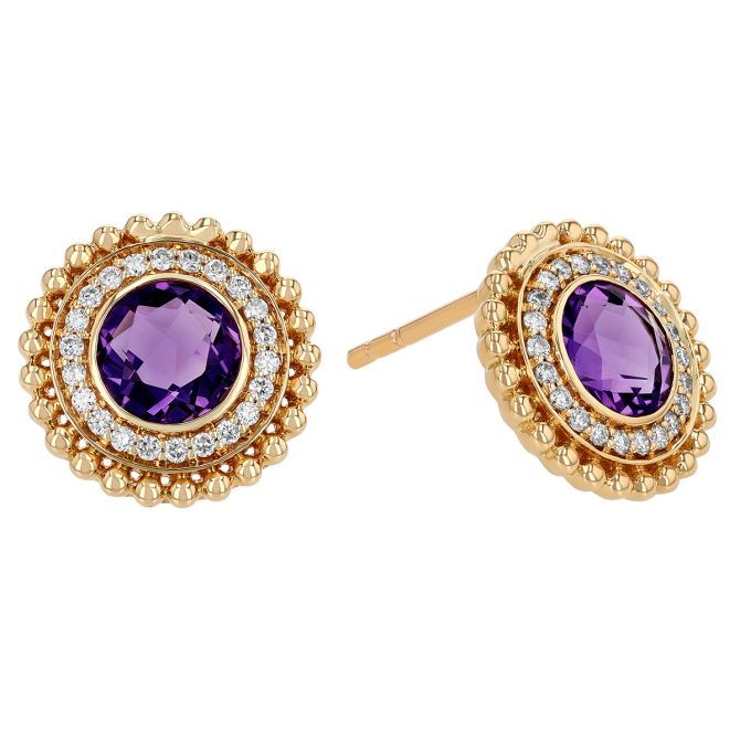 Doves Round Amethyst & Diamond Halo Beaded Edge Stud Earrings in Yellow Gold