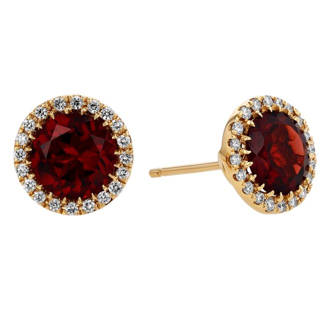 Doves Round Garnet & Diamond Halo Stud Earrings in Yellow Gold