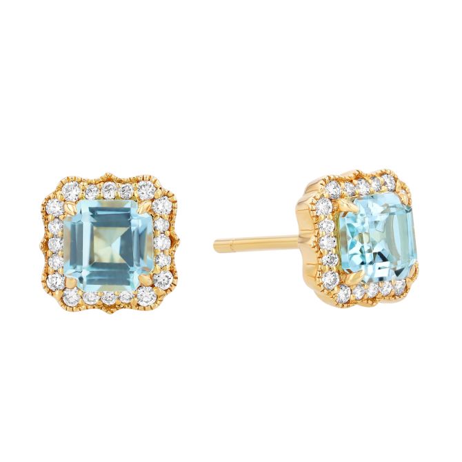 Doves Square Step Cut Topaz & Scalloped Diamond Halo Stud Earrings in Yellow Gold