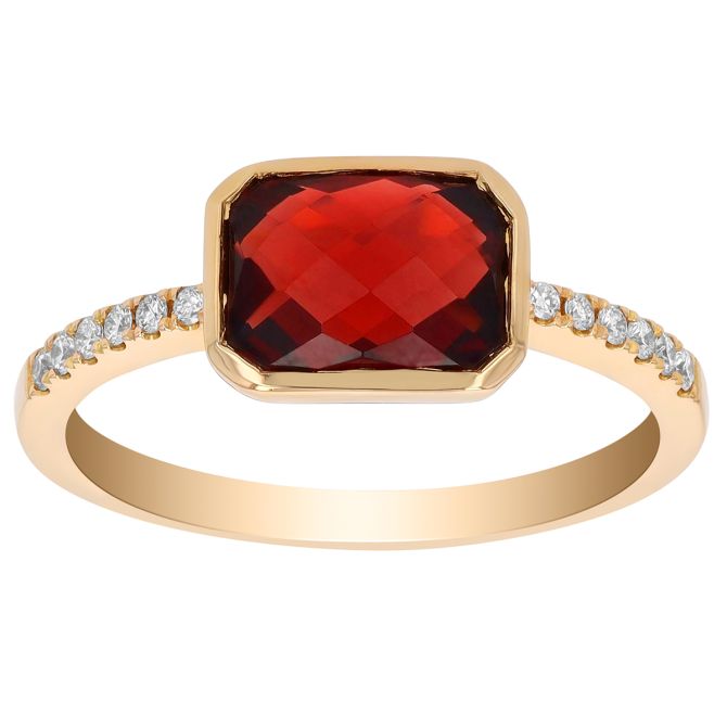 Doves Bezel Set Checkerboard Garnet & Diamond ring in Yellow Gold