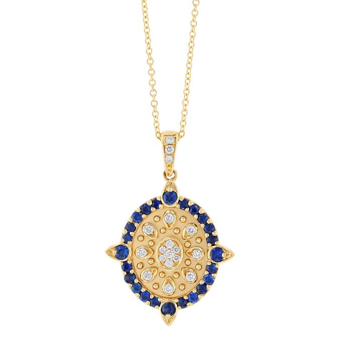 Doves Sapphire & Diamond Oval Pendant in Yellow Gold, 18"