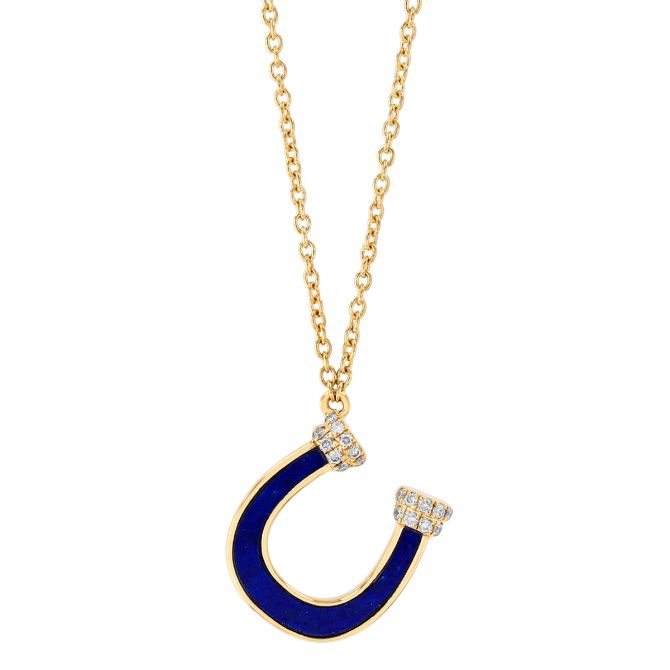 Doves Lapis Lazuli & Diamond Horseshoe Pendant in Yellow Gold, 18"