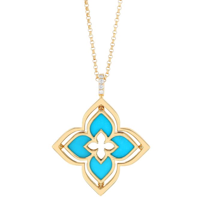 Roberto Coin Venetian Princess Pirouette Diamond &  Turquoise Pendant in  Yellow Gold, 17"