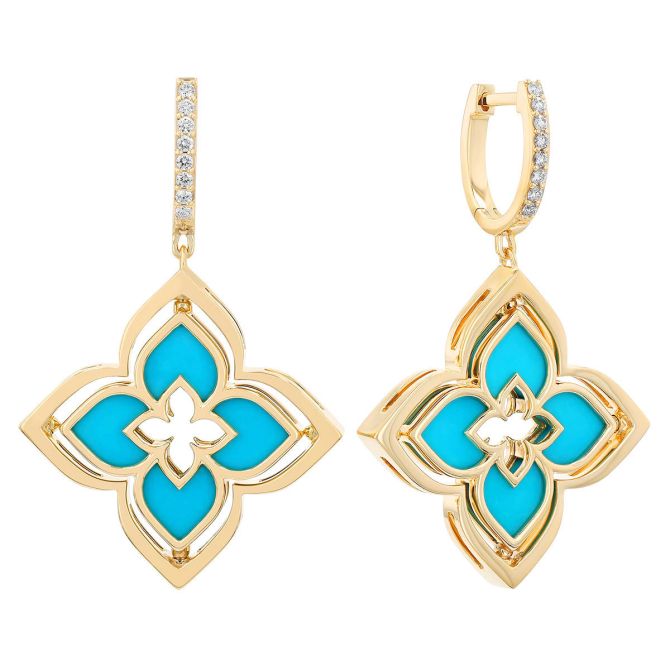 Roberto Coin Venetian Princess Pirouette Diamond &  Turquoise Dangle Earrings in  Yellow Gold