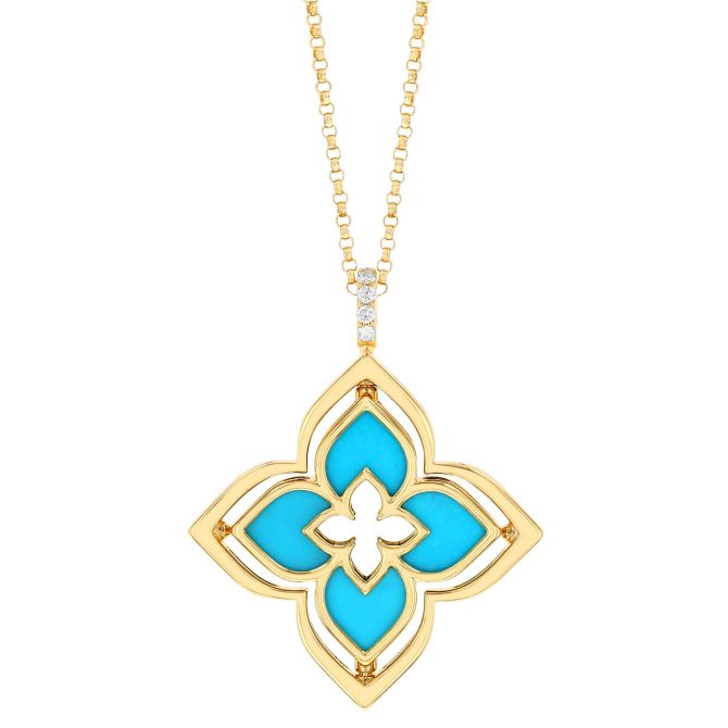 Roberto Coin Venetian Princess Pirouette Diamond Pave & Turquoise Pendant in  Yellow Gold, 17"