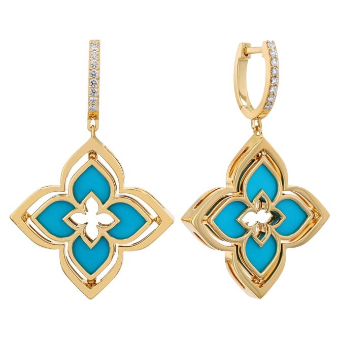 Roberto Coin Venetian Princess Pirouette Diamond Pave & Turquoise Dangle Earrings in Yellow Gold