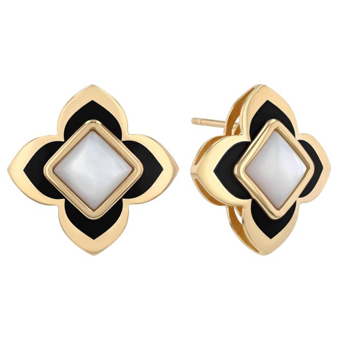 Roberto Coin Palazzo Ducale Carnevale Yellow Gold, Black Enamel, and Mother of Pearl Earrings