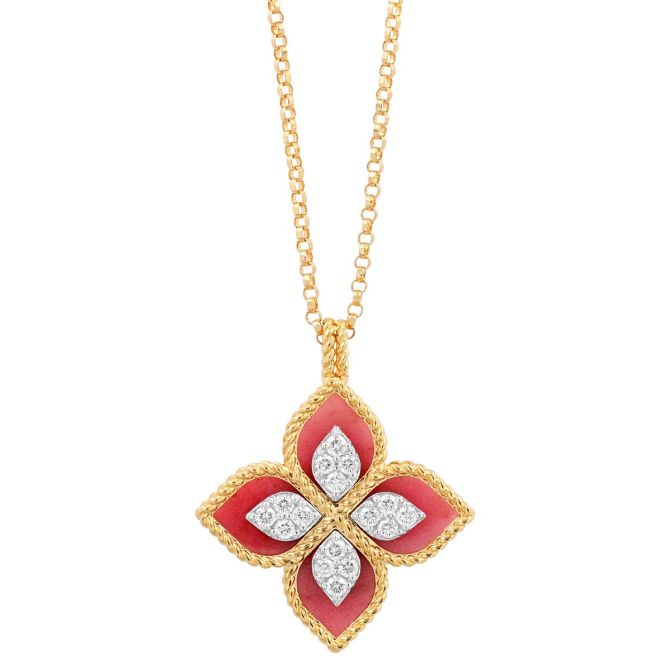 Roberto Coin Venetian Princess Rhodochrosite & Diamond Pendant in Yellow Gold, 18"