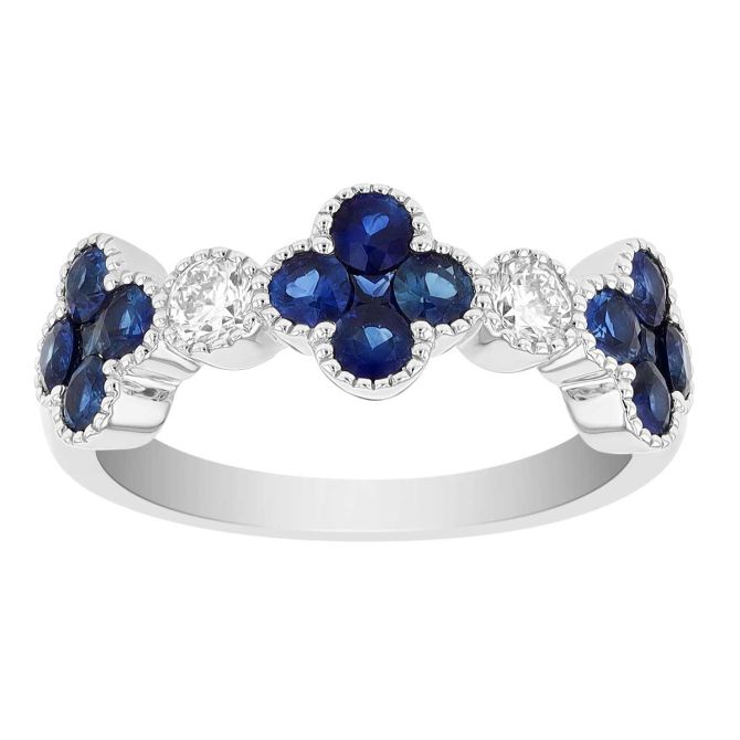 Sapphire Cluster Clover & Diamond Pattern Ring in White Gold