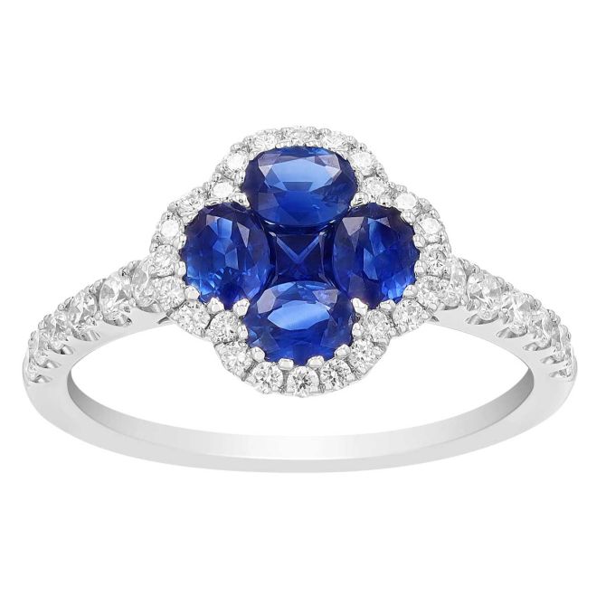 Sapphire Cluster Clover & Diamond Halo Ring in White Gold